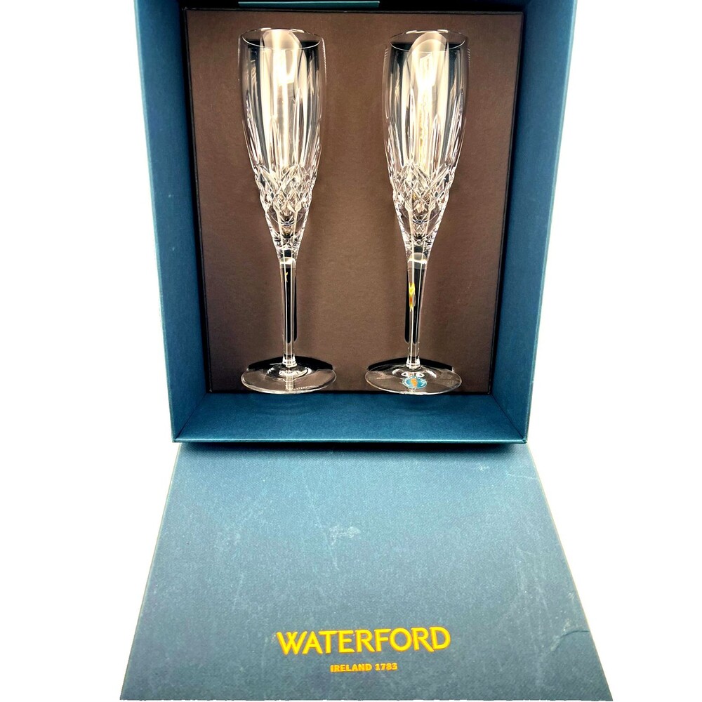 NIB Waterford Crystal Lismore Nouveau 2pc Champagne Flutes 9" Party Wedding Gift